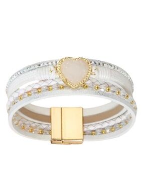 White Leather Multi Layer Heart Druzy Crystal Beaded Magnetic Bracelet